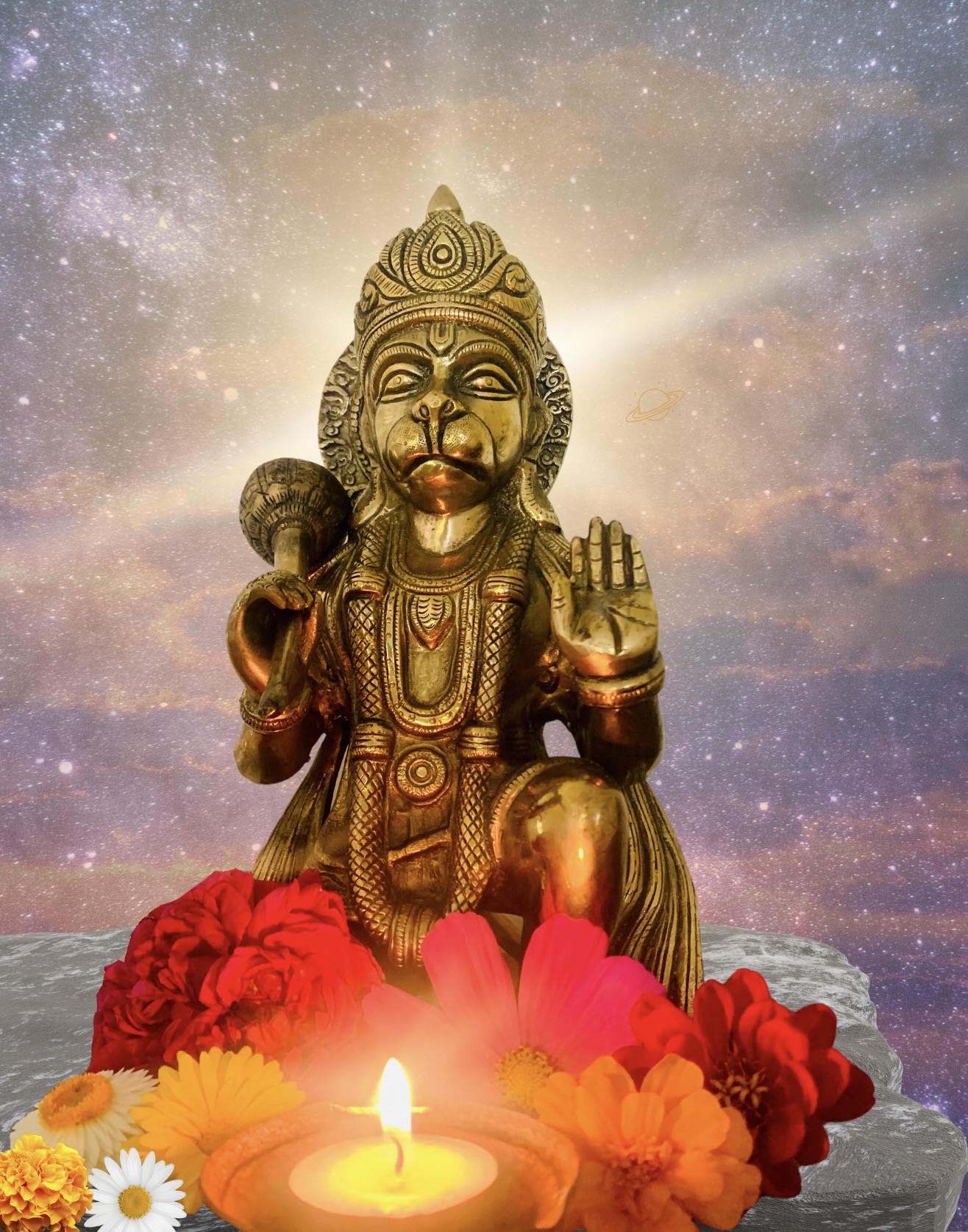 Hanuman in starlight with flowers and a flame