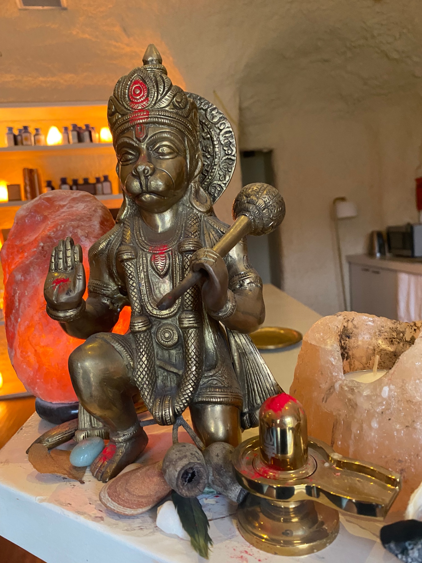 Hanuman altar with salt lamps